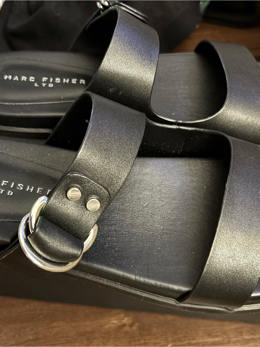 Marc Fisher Black Slides with Silver Ring Accent brand new Gia is the style